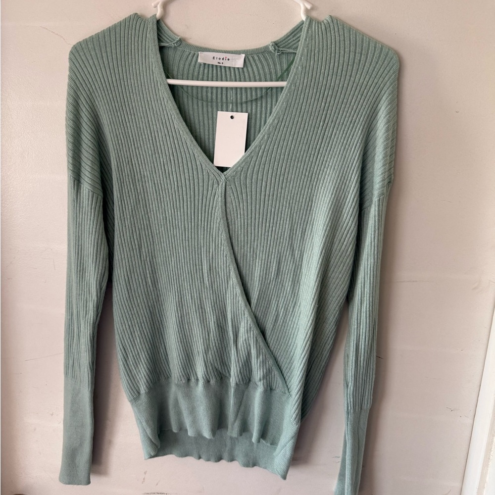 Woman’s Mint Green Wrap Style Looking Sweater Longsleeve Thin Knit Small NWT